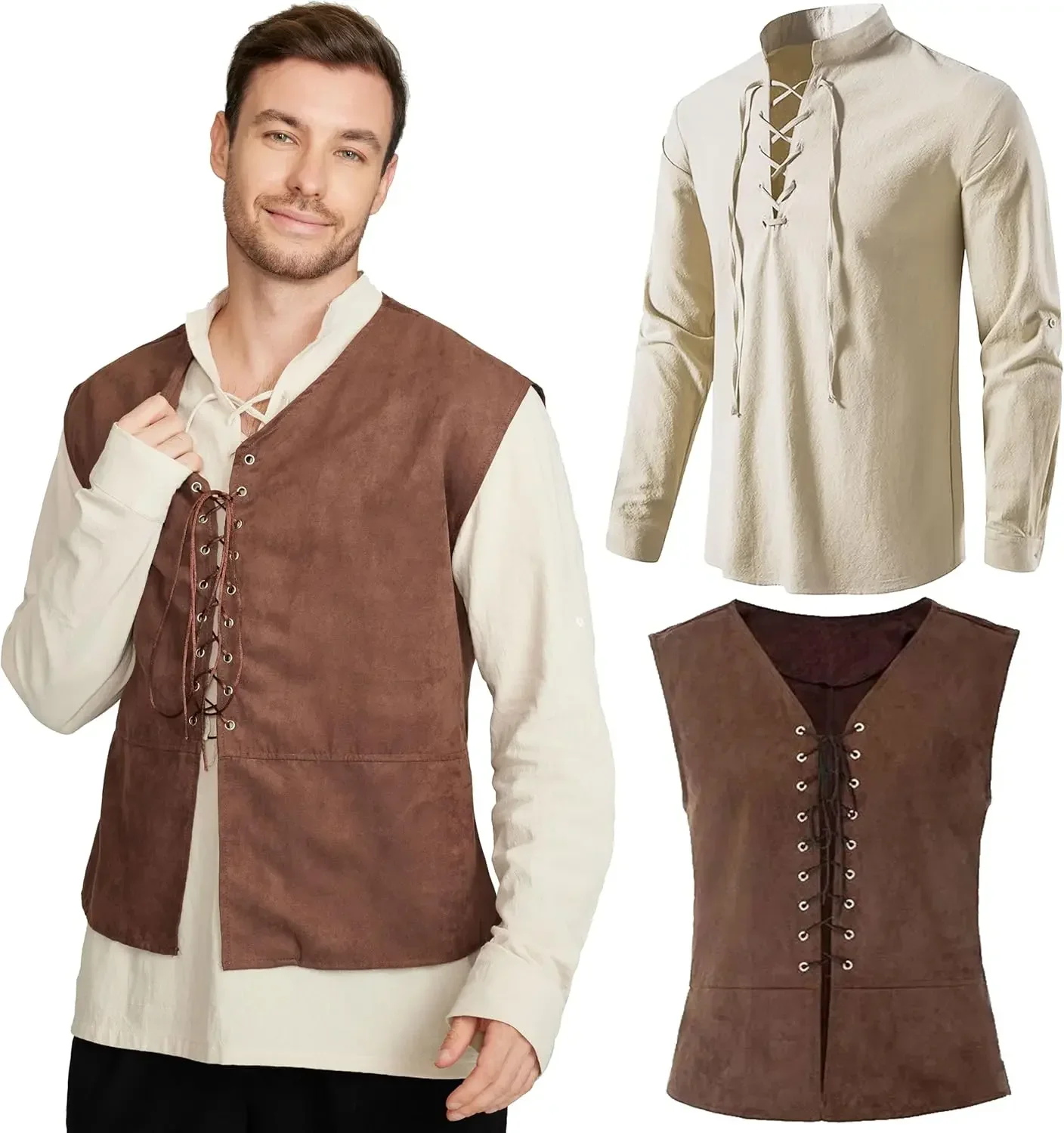 Medieval Gothic Lace Up Pirate Shirt - 2-piece Set Men's Medieval Pirate Vest