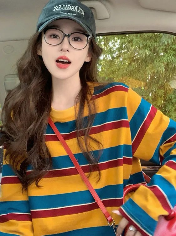 Women Color Block Striped Long - T-Shirts ulasan dan harga