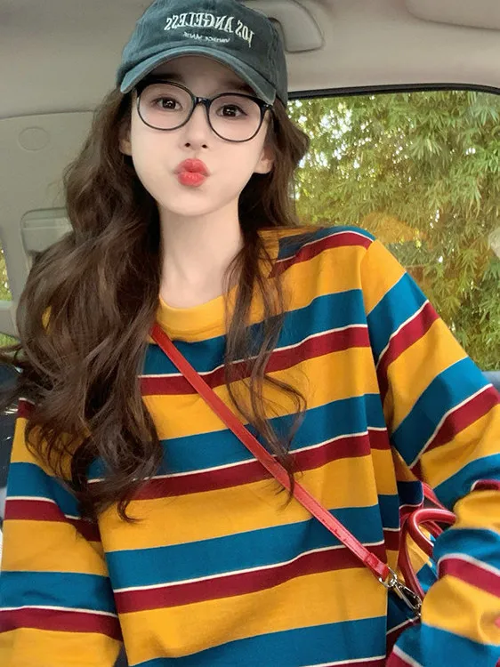 Women Color Block Striped Long - T-Shirts ulasan dan harga